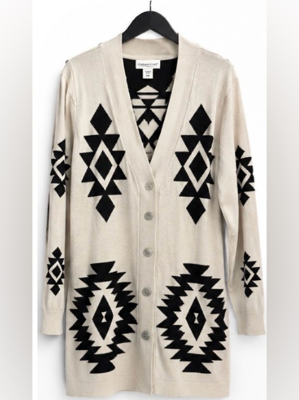 Coldwater Creek PM Southwestern Geometric Long Cardigan Black Cream (C:has spot)